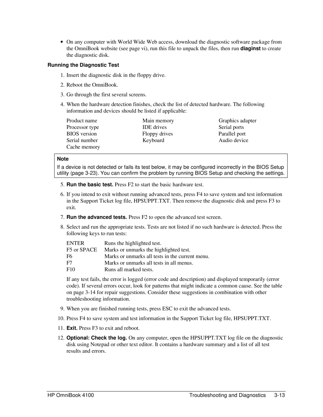 HP 4100 manual Enter, Running the Diagnostic Test 