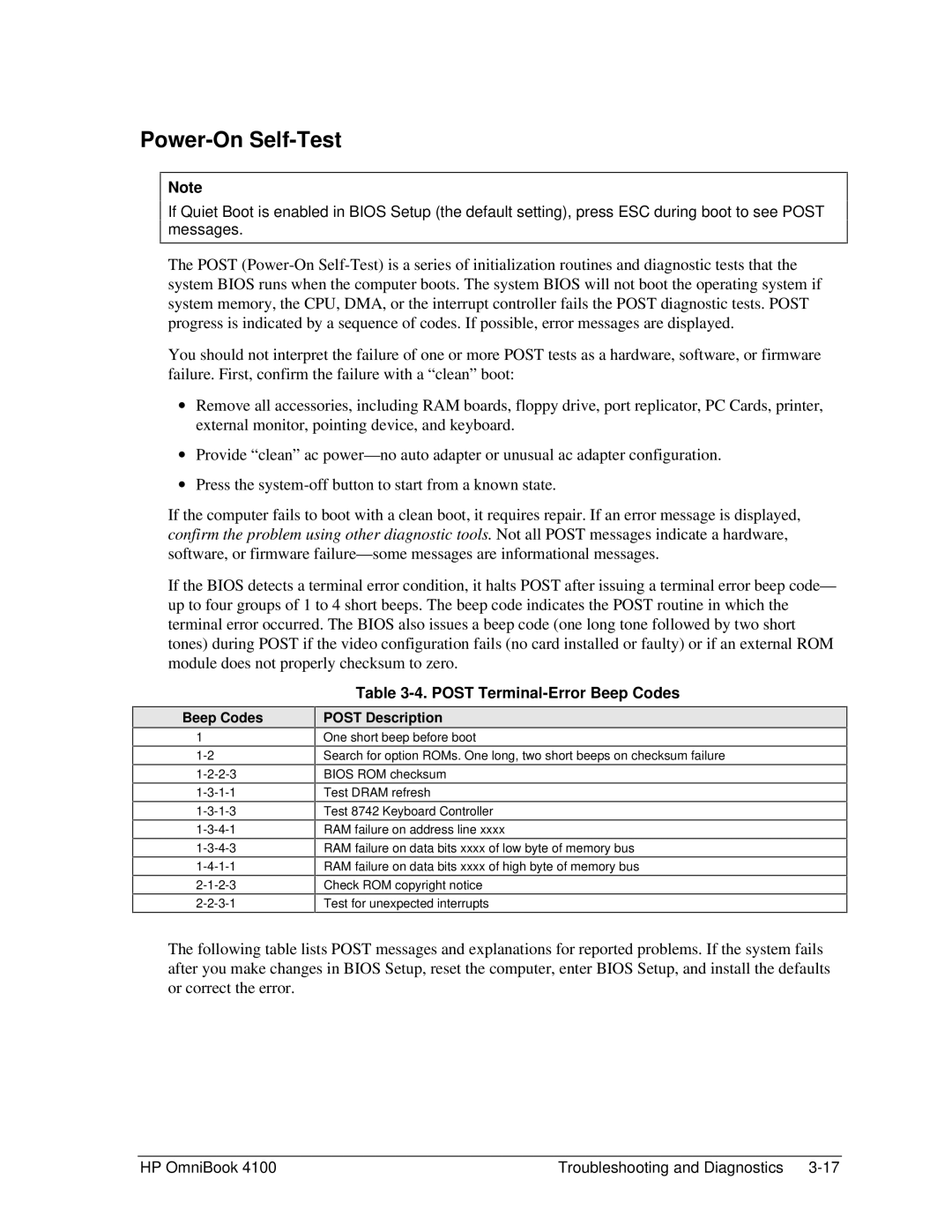 HP 4100 manual Power-On Self-Test, Post Terminal-Error Beep Codes, Post Description 