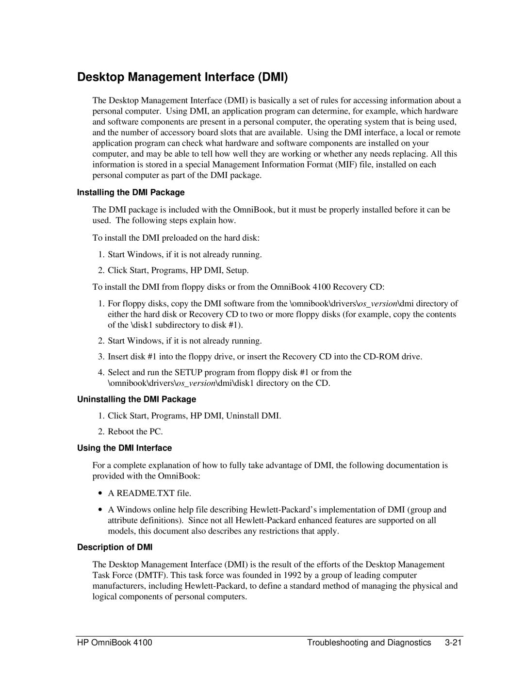 HP 4100 Desktop Management Interface DMI, Installing the DMI Package, Uninstalling the DMI Package, Description of DMI 