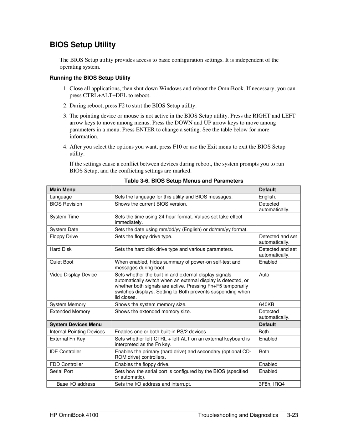 HP 4100 manual Running the Bios Setup Utility, Bios Setup Menus and Parameters, Main Menu Default 