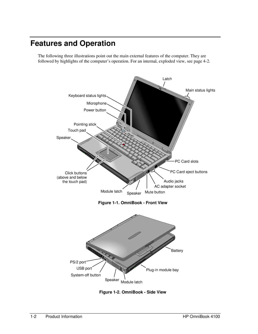 HP 4100 manual Features and Operation, OmniBook Front View 