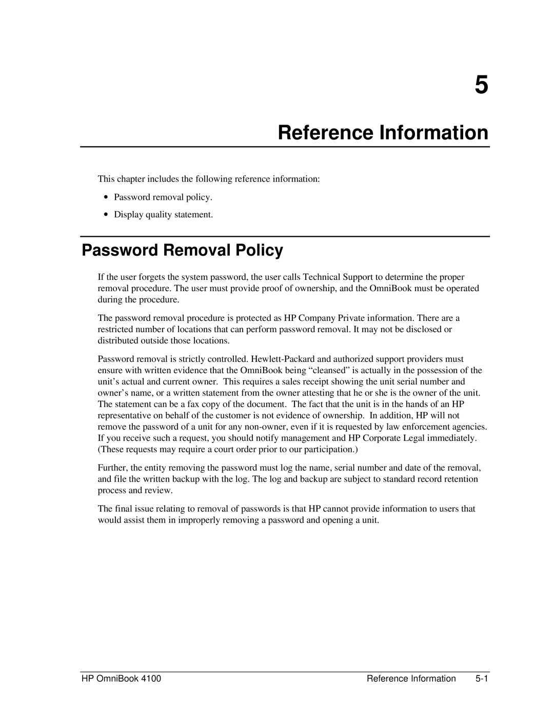 HP 4100 manual Reference Information, Password Removal Policy 