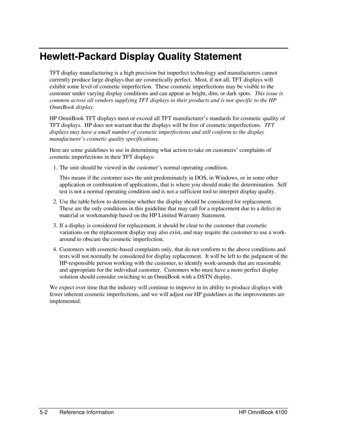 HP 4100 manual Hewlett-Packard Display Quality Statement, Reference Information HP OmniBook 