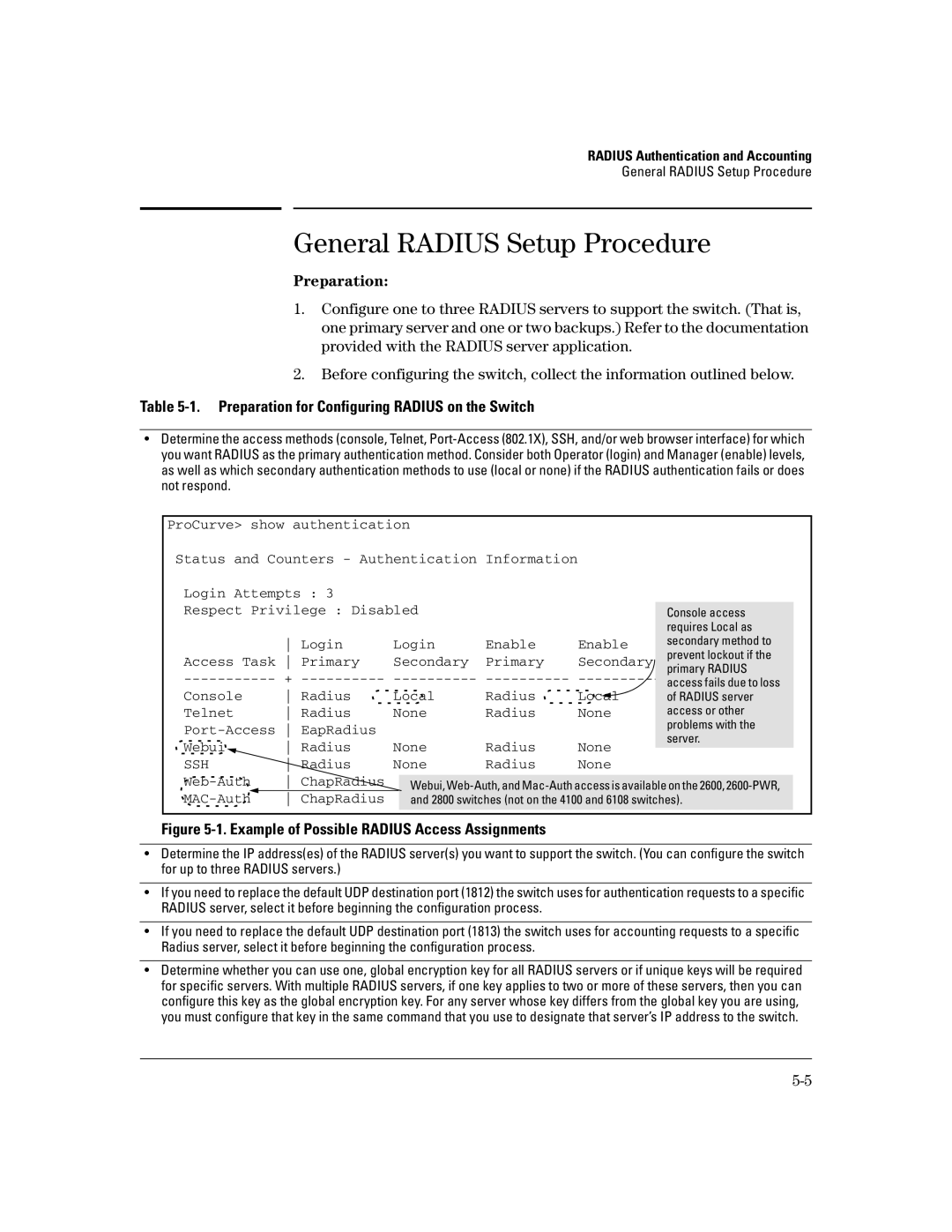 HP 2600-PWR, 4100gl, 2650 (J4899A/B), 6108 General Radius Setup Procedure, Preparation for Configuring Radius on the Switch 