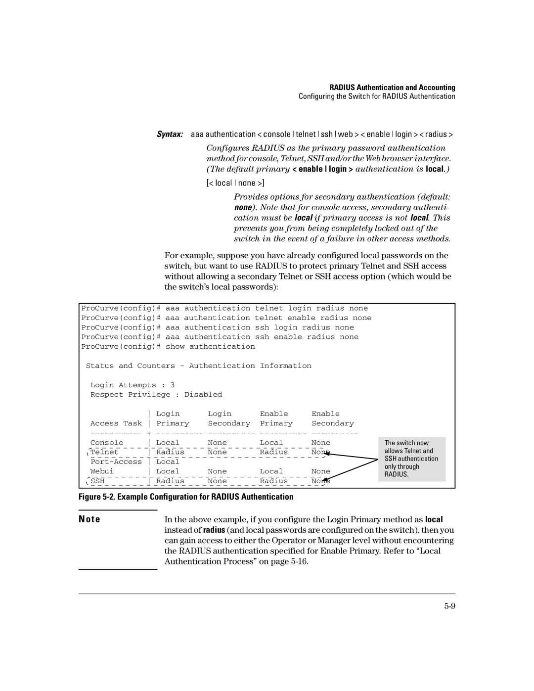 HP 2650 (J4899A/B), 4100gl, 2626 (J4900A/B), 2600-PWR, 6108 manual Example Configuration for Radius Authentication 