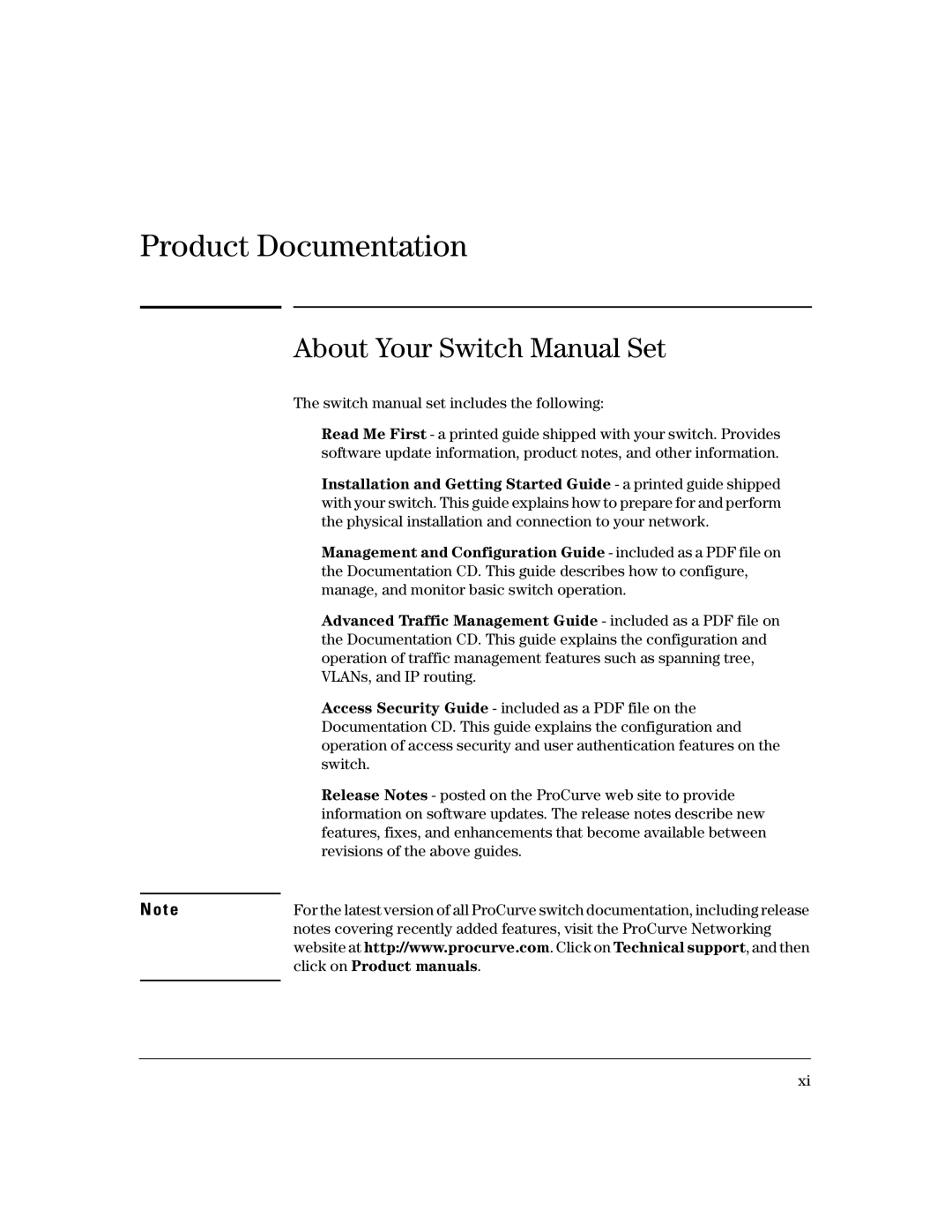 HP 2650 (J4899A/B), 4100gl, 2626 (J4900A/B), 2600-PWR About Your Switch Manual Set, Switch manual set includes the following 