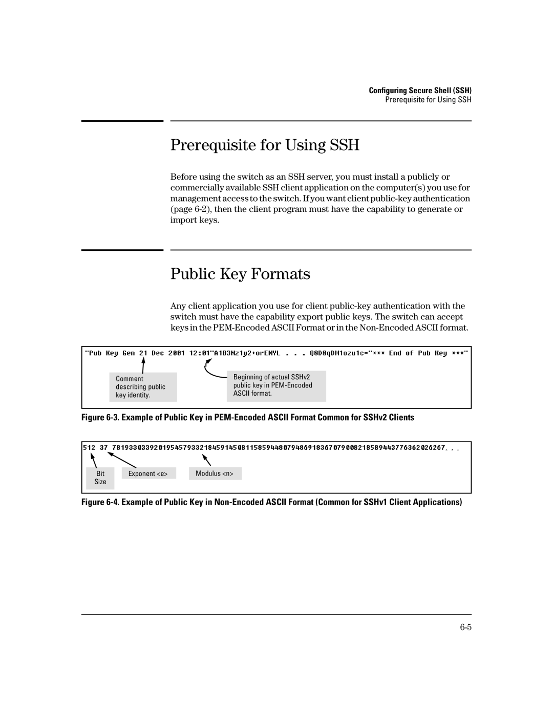 HP 4100gl, 2650 (J4899A/B), 2626 (J4900A/B), 2600-PWR, 6108 manual Prerequisite for Using SSH, Public Key Formats 