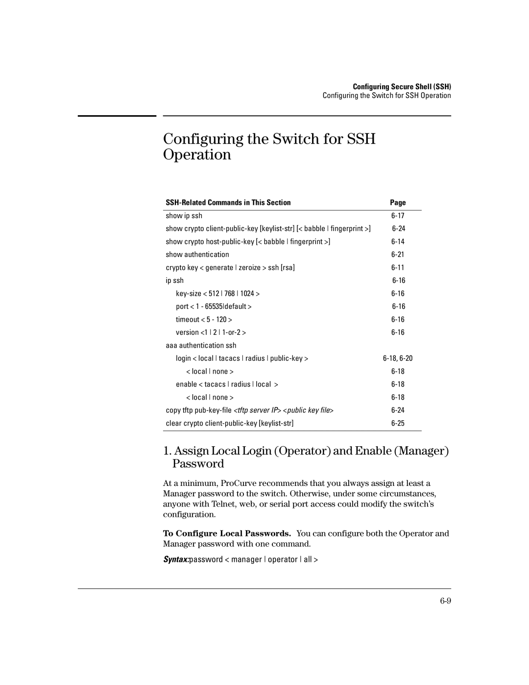 HP 2600-PWR, 4100gl, 6108 Configuring the Switch for SSH Operation, Assign Local Login Operator and Enable Manager Password 
