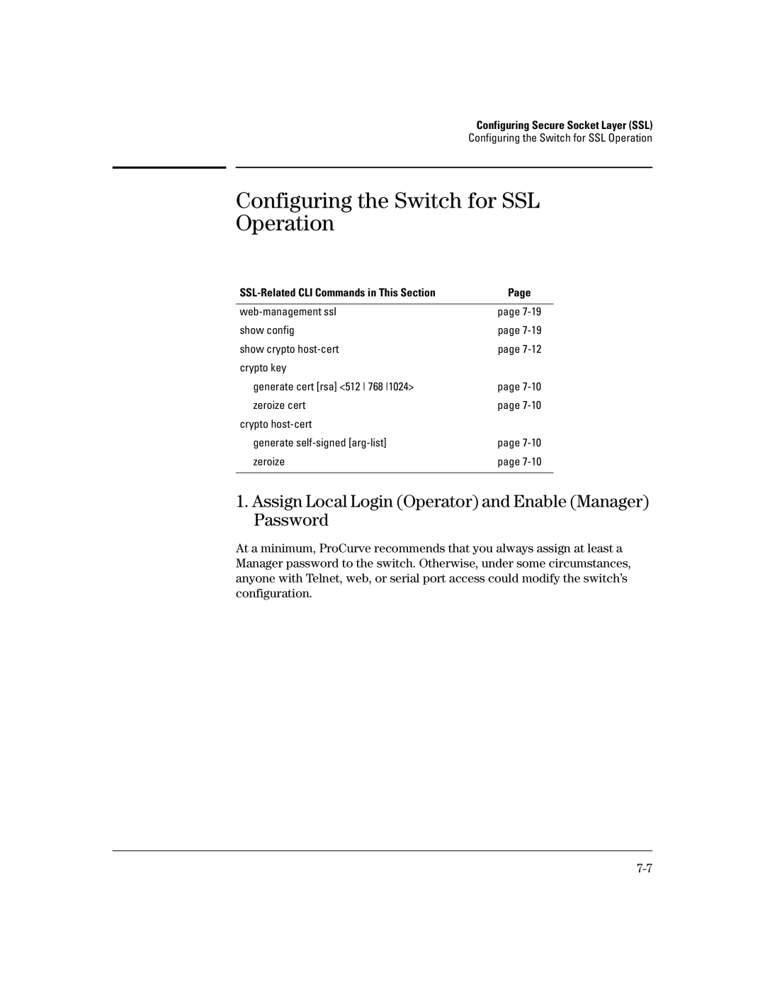 HP 4100gl, 2650 (J4899A/B), 2600-PWR Configuring the Switch for SSL Operation, SSL-Related CLI Commands in This Section 