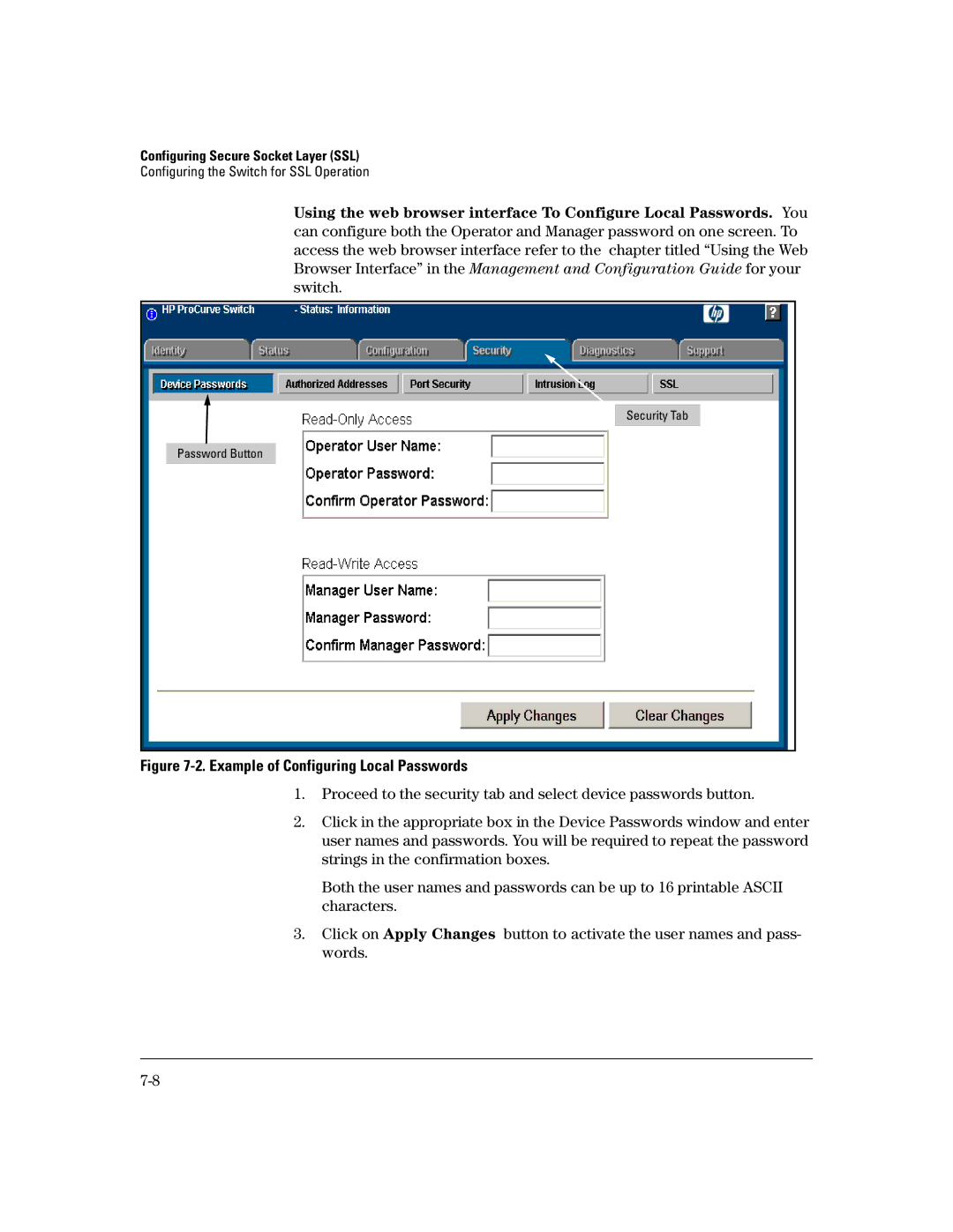 HP 4100gl, 2650 (J4899A/B), 2626 (J4900A/B), 2600-PWR, 6108 manual Security Tab Password Button 