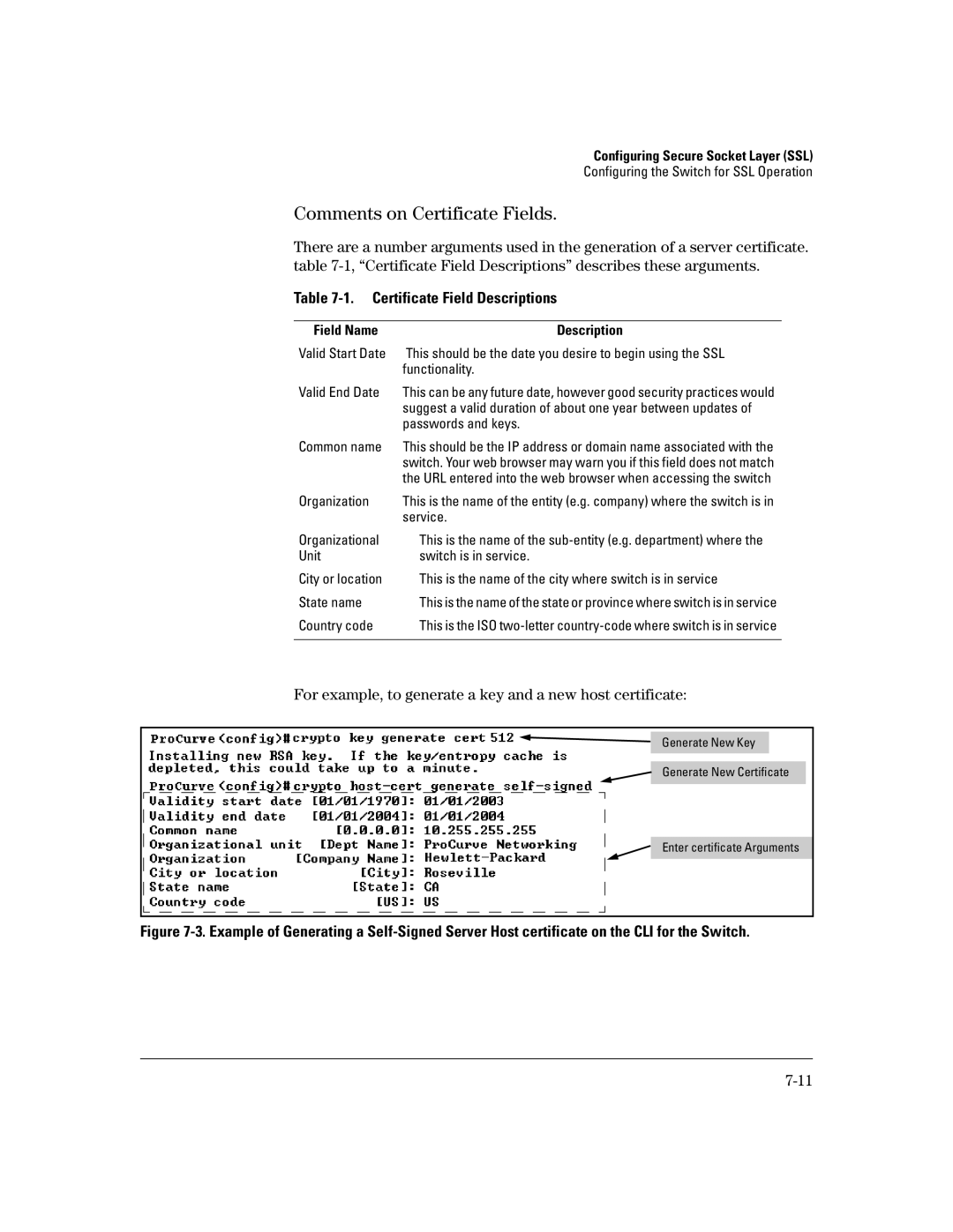 HP 2600-PWR, 4100gl, 2650 (J4899A/B) Comments on Certificate Fields, Certificate Field Descriptions, Field Name Description 