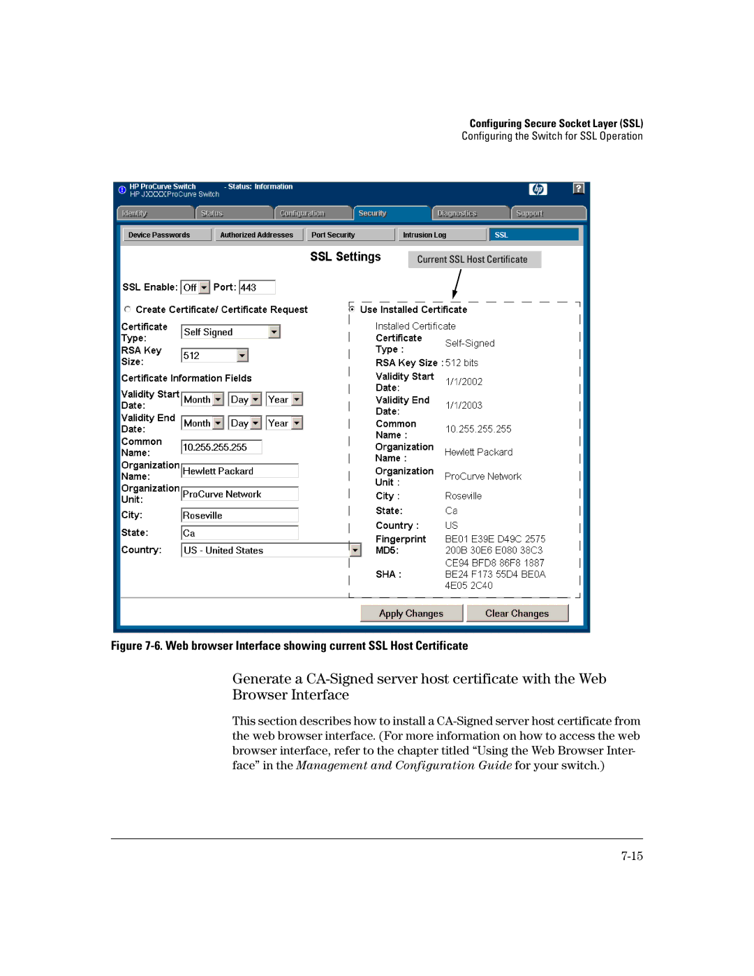 HP 2650 (J4899A/B), 4100gl, 2626 (J4900A/B), 2600-PWR, 6108 manual Web browser Interface showing current SSL Host Certificate 