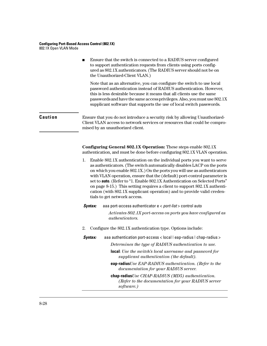 HP 4100gl, 2650 (J4899A/B), 6108 Mised by an unauthorized client, Configure the 802.1X authentication type. Options include 