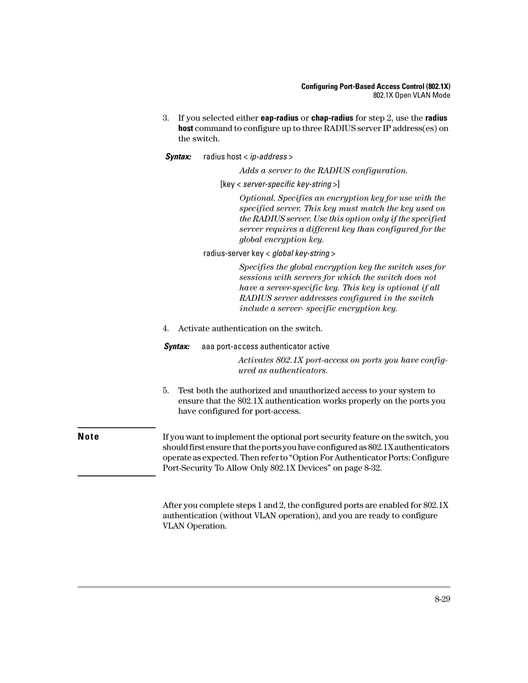 HP 2650 (J4899A/B) Activate authentication on the switch, Port-Security To Allow Only 802.1X Devices on, Vlan Operation 