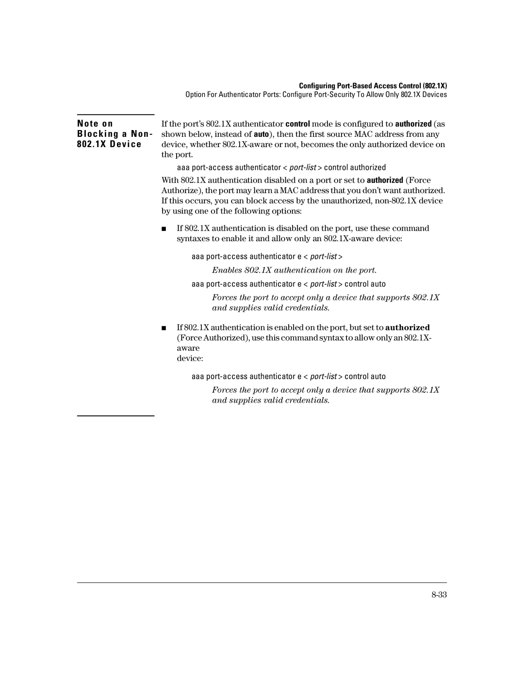 HP 4100gl, 2650 (J4899A/B), 2626 (J4900A/B), 2600-PWR, 6108 manual Enables 802.1X authentication on the port 