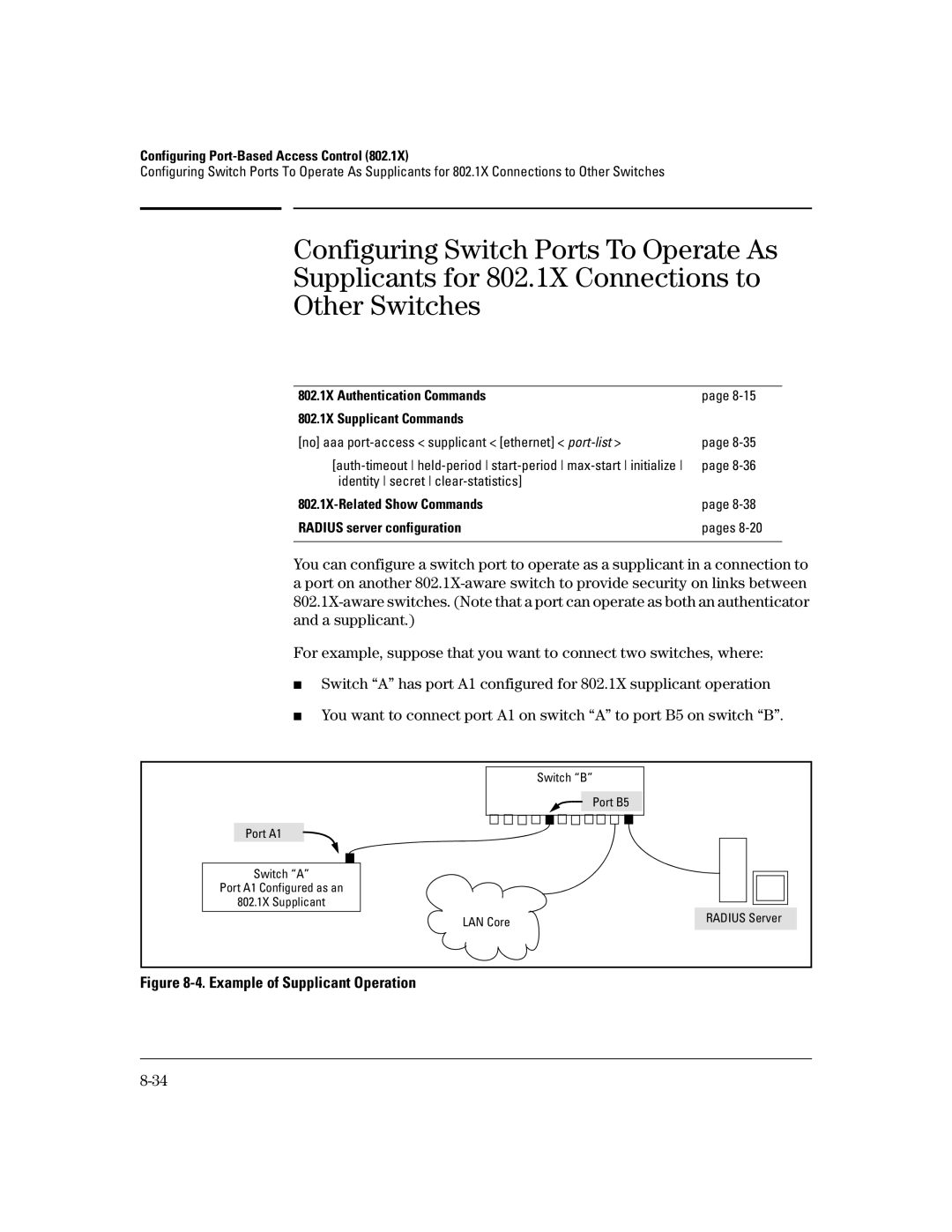 HP 4100gl, 2650 (J4899A/B), 6108 Example of Supplicant Operation, 802.1X Authentication Commands 802.1X Supplicant Commands 