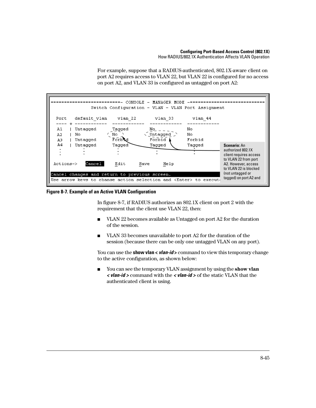 HP 4100gl, 2650 (J4899A/B), 2626 (J4900A/B), 2600-PWR, 6108 manual Example of an Active Vlan Configuration 