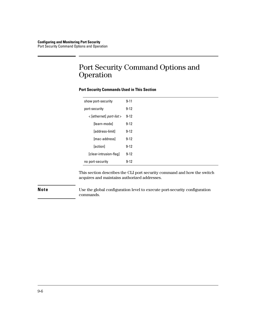 HP 2626 (J4900A/B), 4100gl, 2600-PWR Port Security Command Options Operation, Port Security Commands Used in This Section 