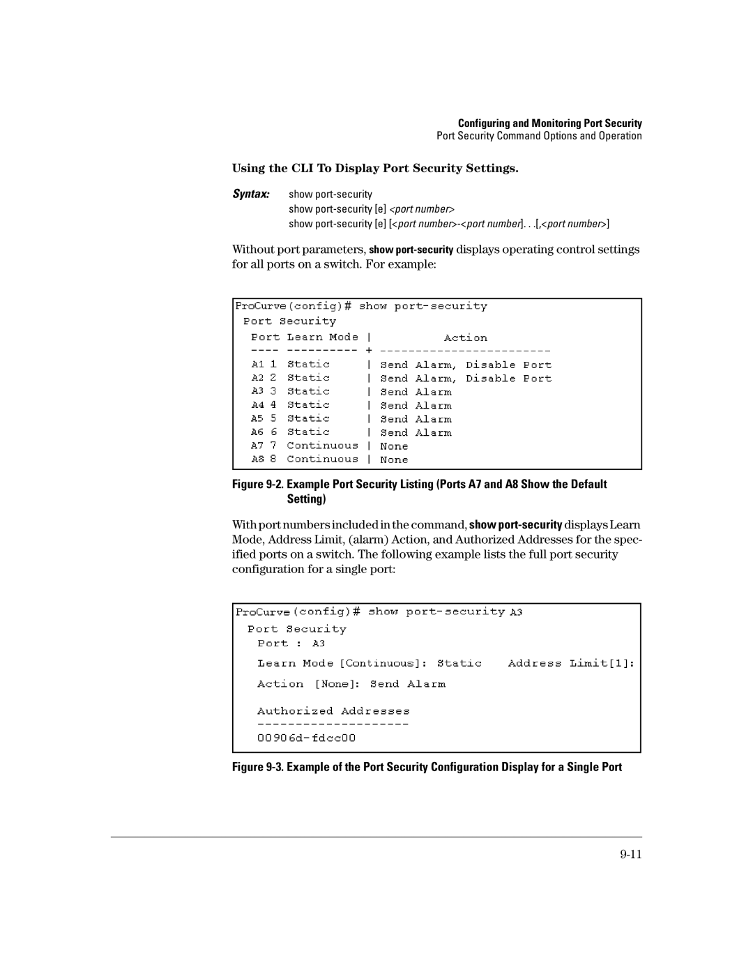 HP 2650 (J4899A/B), 4100gl, 2626 (J4900A/B), 2600-PWR, 6108 manual Using the CLI To Display Port Security Settings 