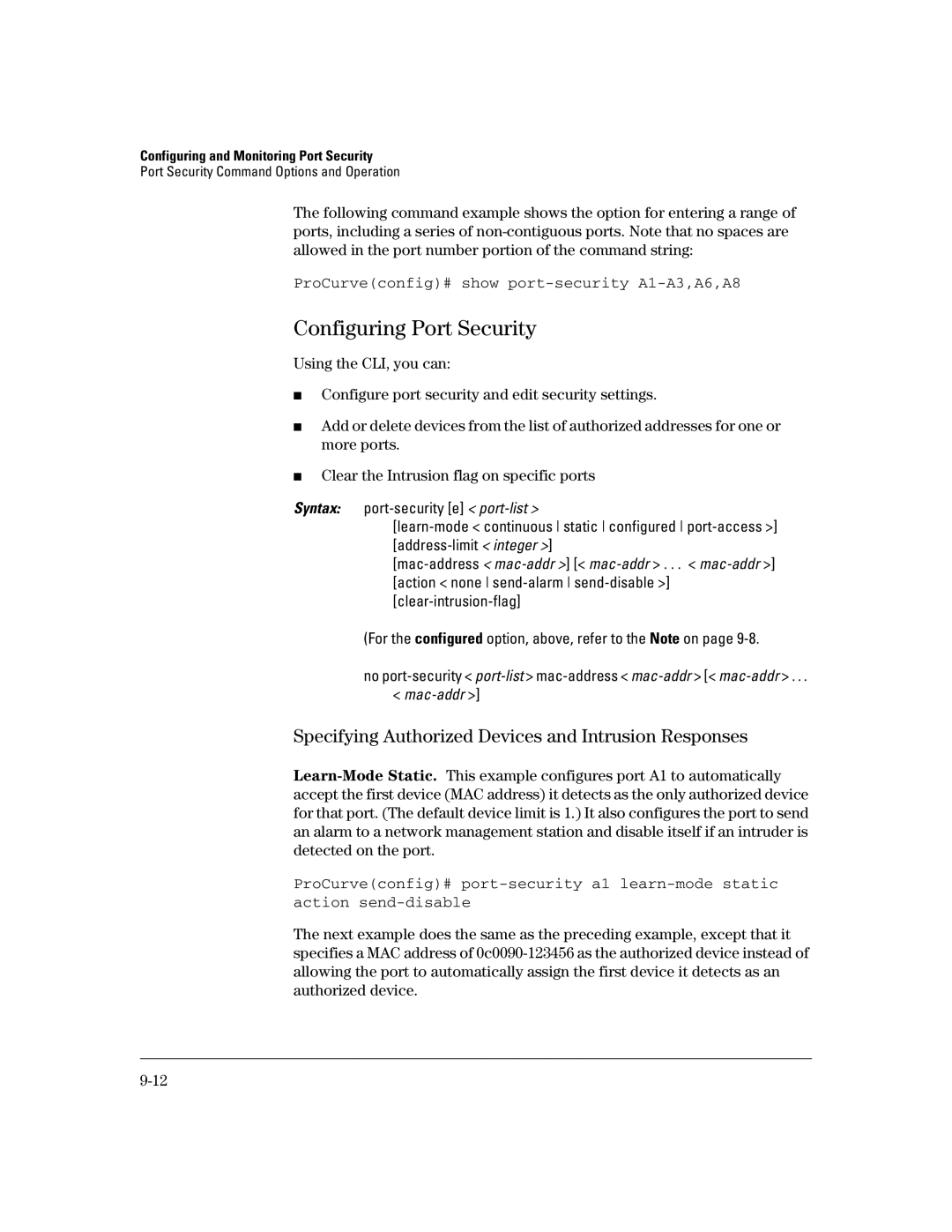 HP 2626 (J4900A/B), 4100gl, 2600-PWR, 6108 Configuring Port Security, Specifying Authorized Devices and Intrusion Responses 