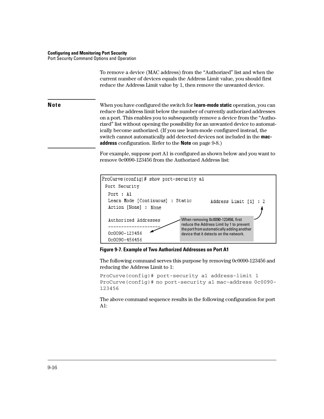 HP 4100gl, 2600-PWR Address configuration. Refer to the Note on, Remove 0c0090-123456 from the Authorized Address list 