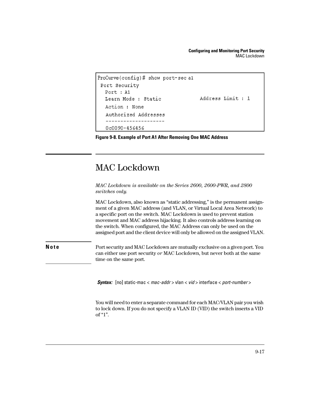 HP 2650 (J4899A/B), 4100gl, 2626 (J4900A/B), 2600-PWR, 6108 MAC Lockdown, Example of Port A1 After Removing One MAC Address 