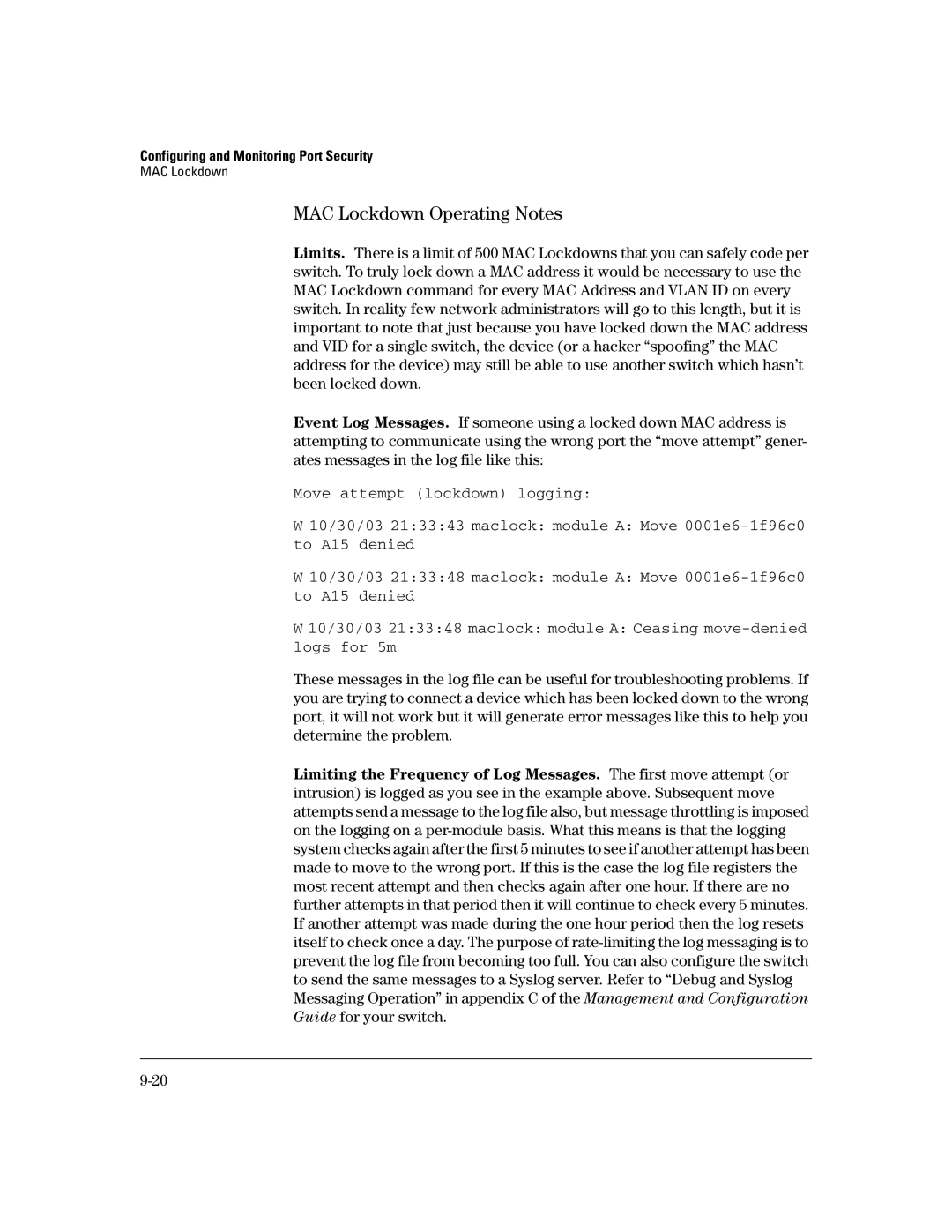 HP 6108, 4100gl, 2650 (J4899A/B), 2626 (J4900A/B), 2600-PWR manual MAC Lockdown Operating Notes 