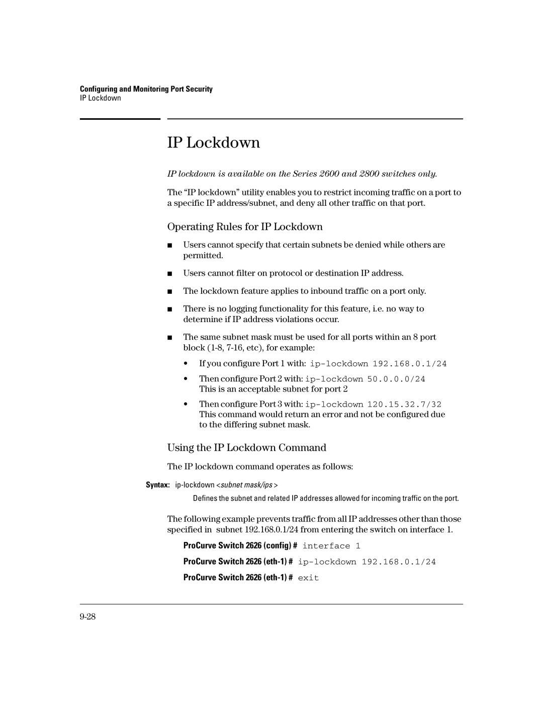 HP 4100gl Operating Rules for IP Lockdown, Using the IP Lockdown Command, IP lockdown command operates as follows 