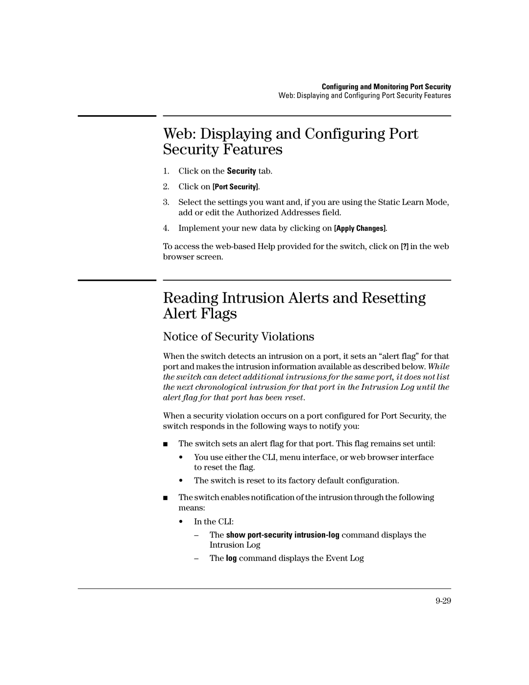 HP 2650 (J4899A/B), 4100gl, 6108 Web Displaying and Configuring Port Security Features, Log command displays the Event Log 