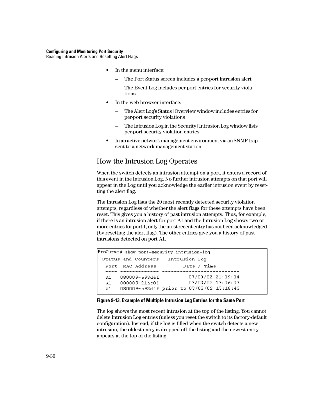 HP 2626 (J4900A/B), 4100gl, 2650 (J4899A/B), 2600-PWR, 6108 manual How the Intrusion Log Operates 