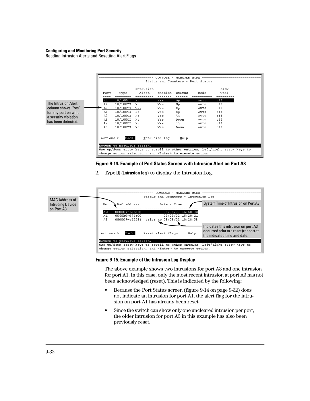 HP 6108, 4100gl, 2650 (J4899A/B) Type I Intrusion log to display the Intrusion Log, Example of the Intrusion Log Display 