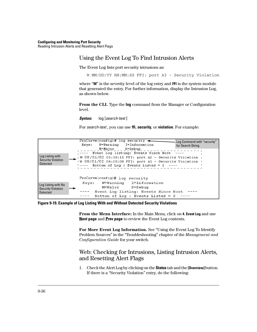 HP 2626 (J4900A/B), 4100gl, 6108 Using the Event Log To Find Intrusion Alerts, Event Log lists port security intrusions as 