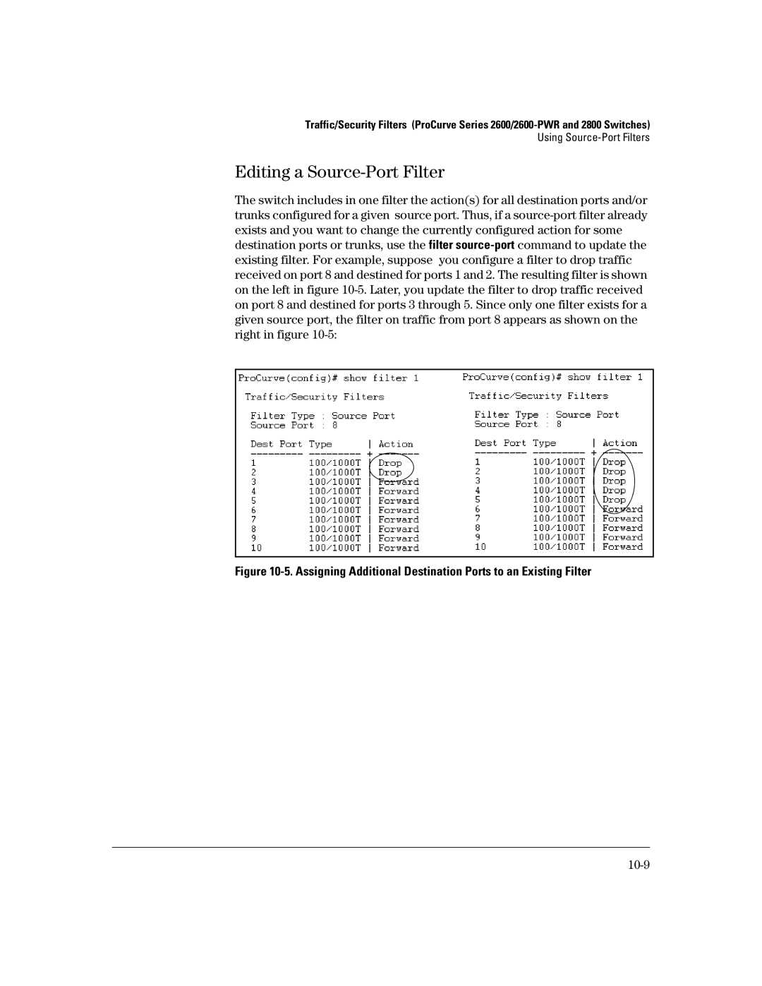 HP 2650 (J4899A/B), 4100gl, 2626 (J4900A/B), 2600-PWR, 6108 manual Editing a Source-Port Filter, 10-9 