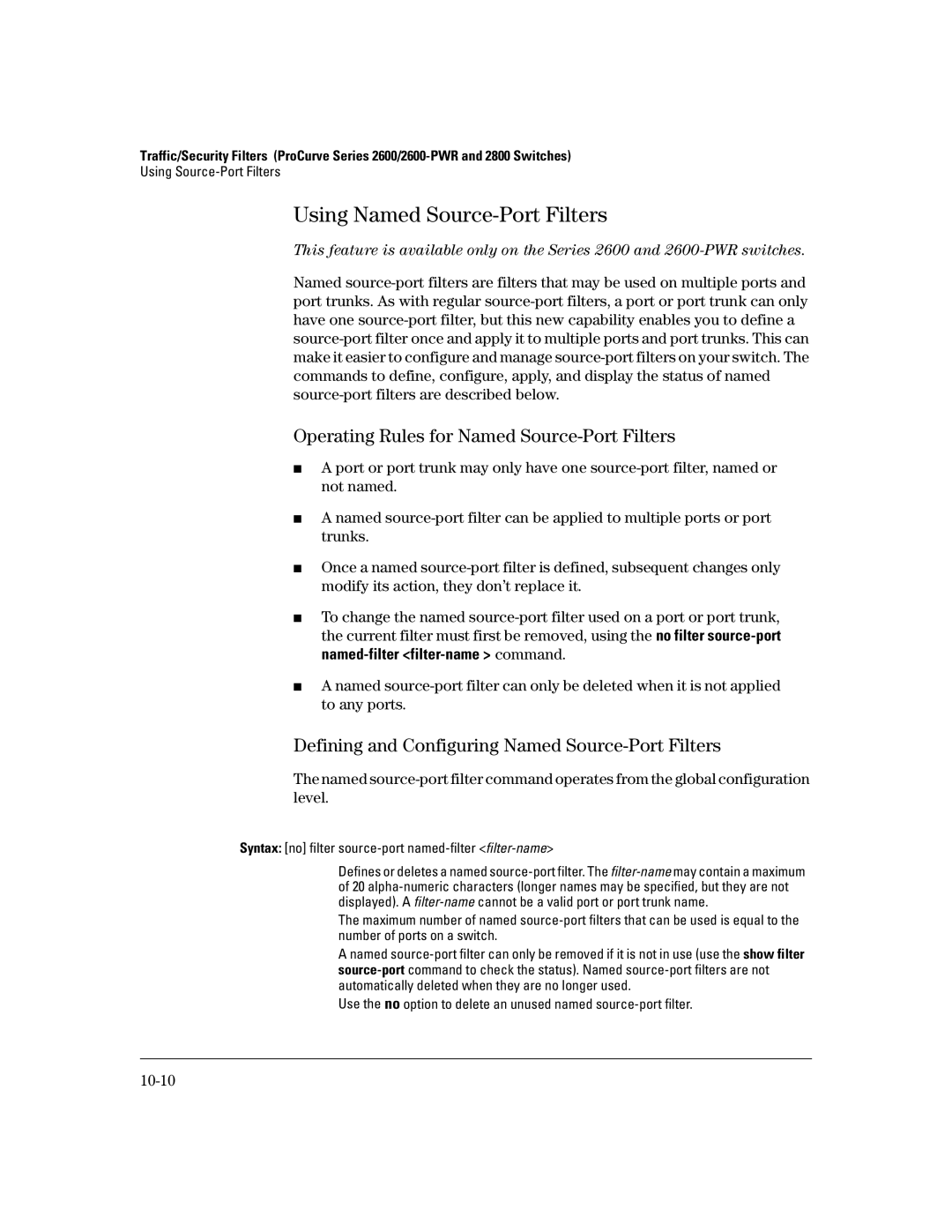 HP 2626 (J4900A/B), 4100gl, 2600-PWR Using Named Source-Port Filters, Operating Rules for Named Source-Port Filters, 10-10 