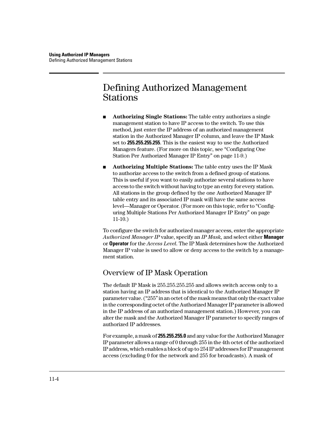 HP 2626 (J4900A/B), 4100gl, 2650 (J4899A/B) Defining Authorized Management Stations, Overview of IP Mask Operation, 11-4 