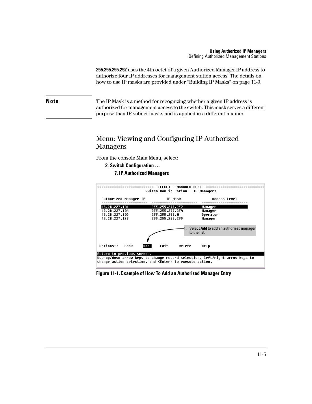 HP 2600-PWR, 4100gl, 6108 Menu Viewing and Configuring IP Authorized Managers, From the console Main Menu, select, 11-5 