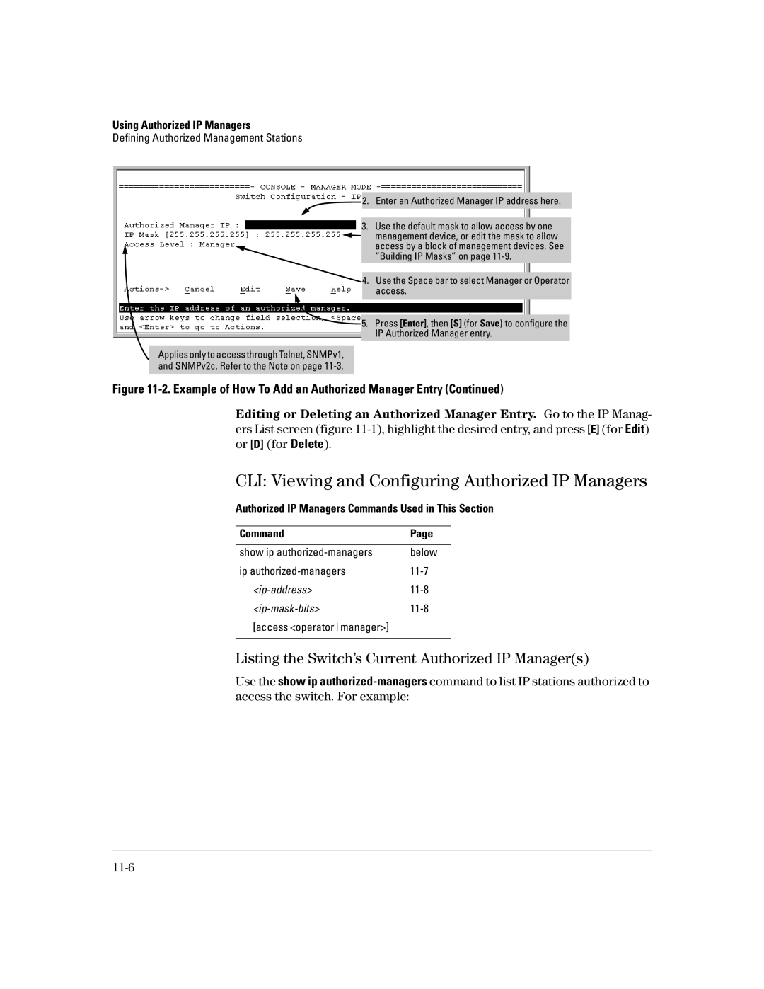 HP 6108, 4100gl CLI Viewing and Configuring Authorized IP Managers, Listing the Switch’s Current Authorized IP Managers 