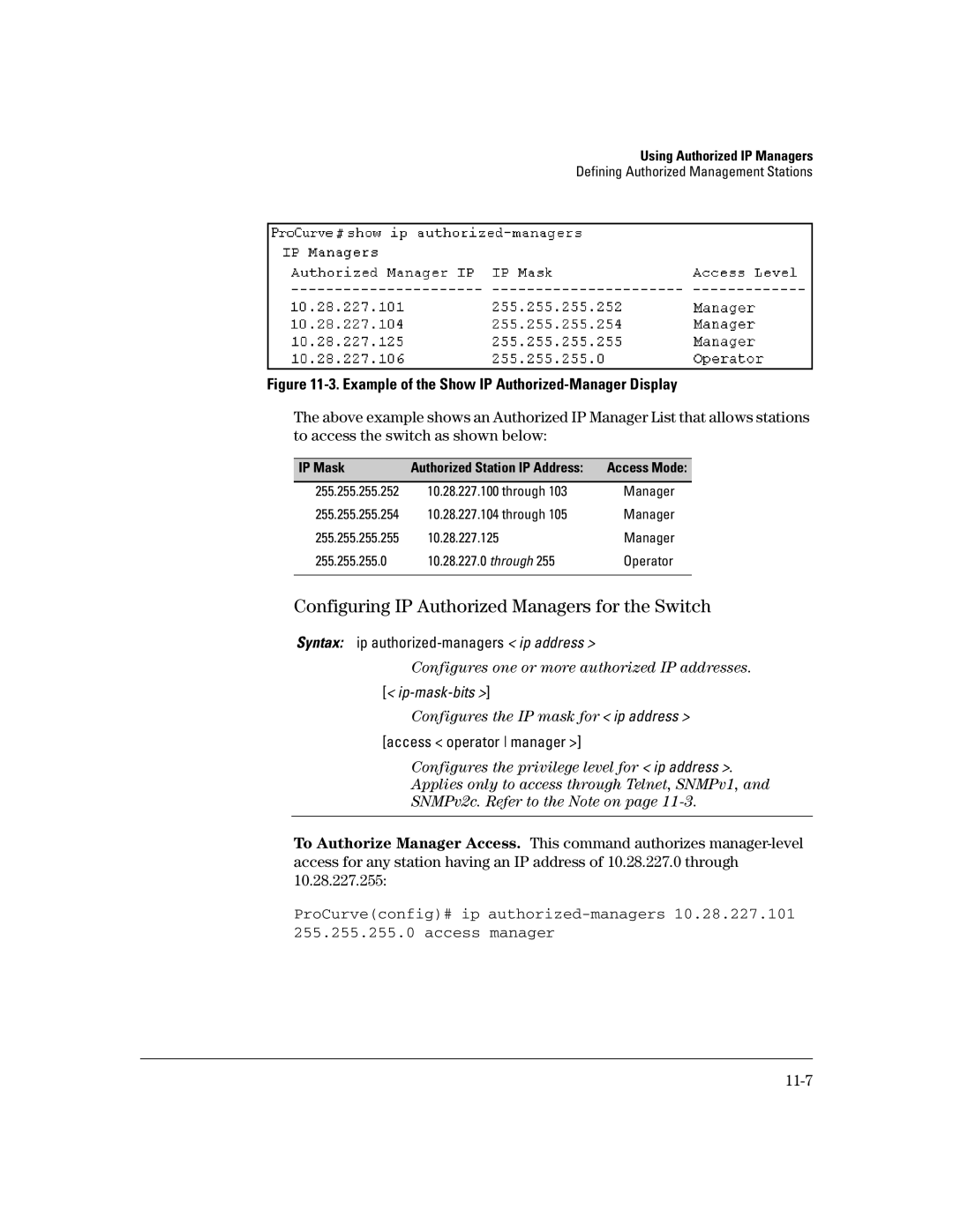 HP 4100gl, 2650 (J4899A/B), 2626 (J4900A/B), 2600-PWR Configuring IP Authorized Managers for the Switch, 11-7, IP Mask 