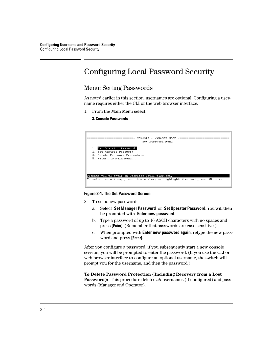 HP 4100gl, 2600-PWR Configuring Local Password Security, Menu Setting Passwords, To set a new password, Console Passwords 