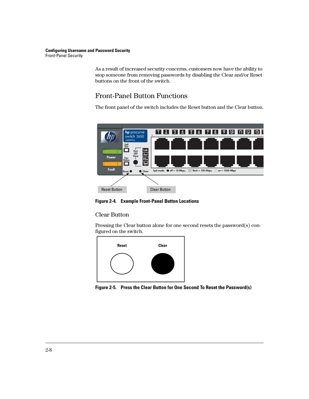 HP 6108, 4100gl, 2650 (J4899A/B), 2626 (J4900A/B), 2600-PWR manual Front-Panel Button Functions, Clear Button, ResetClear 