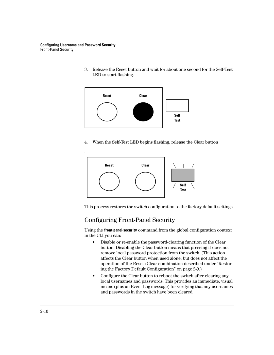 HP 4100gl, 2650 (J4899A/B), 2626 (J4900A/B), 2600-PWR, 6108 manual Configuring Front-Panel Security, ResetClear Self Test 