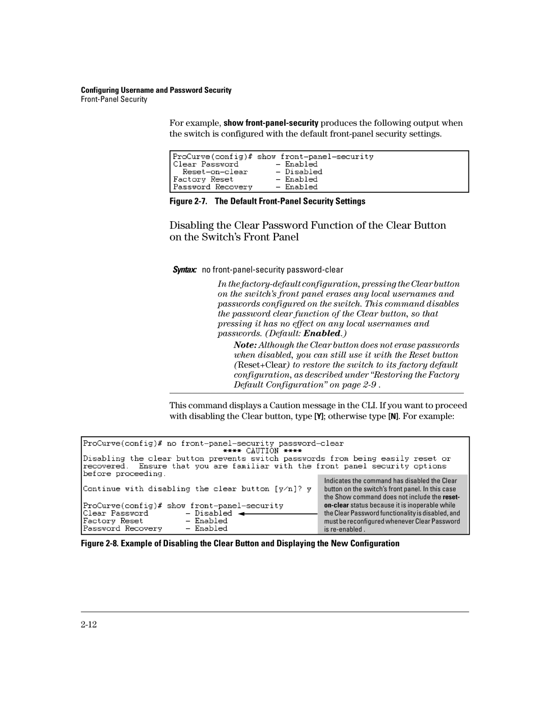 HP 2626 (J4900A/B), 4100gl, 2650 (J4899A/B), 2600-PWR, 6108 manual Default Front-Panel Security Settings 