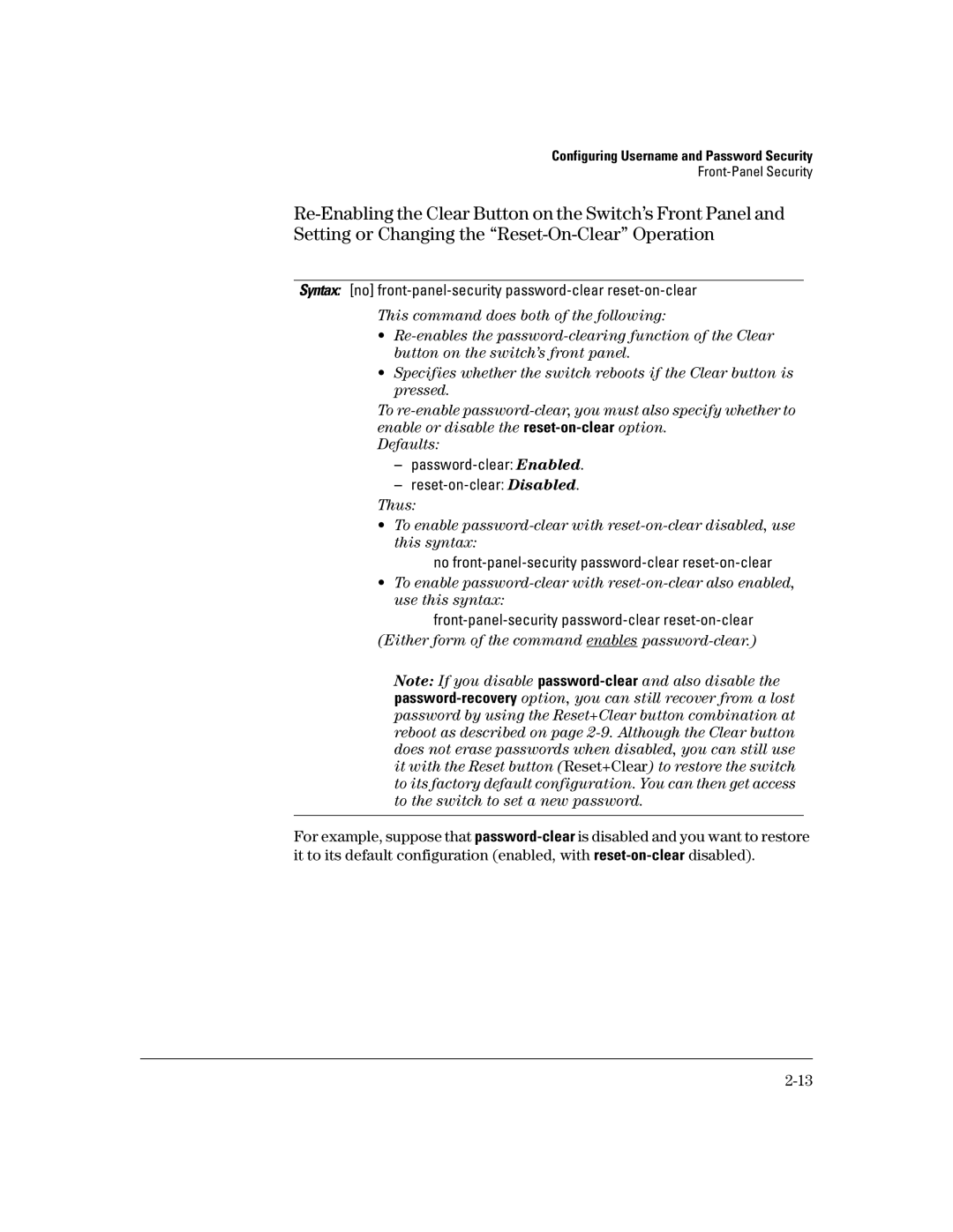 HP 2600-PWR, 4100gl, 2650 (J4899A/B), 2626 (J4900A/B), 6108 manual Either form of the command enables password-clear 