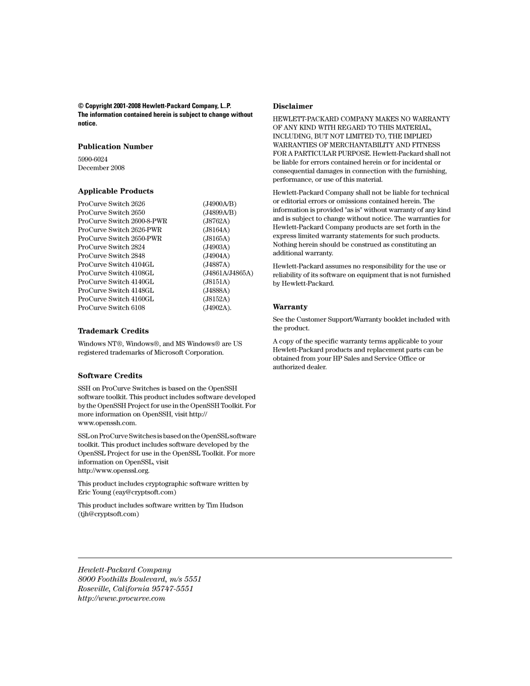 HP 6108, 4100gl, 2650 (J4899A/B), 2626 (J4900A/B), 2600-PWR manual Publication Number 