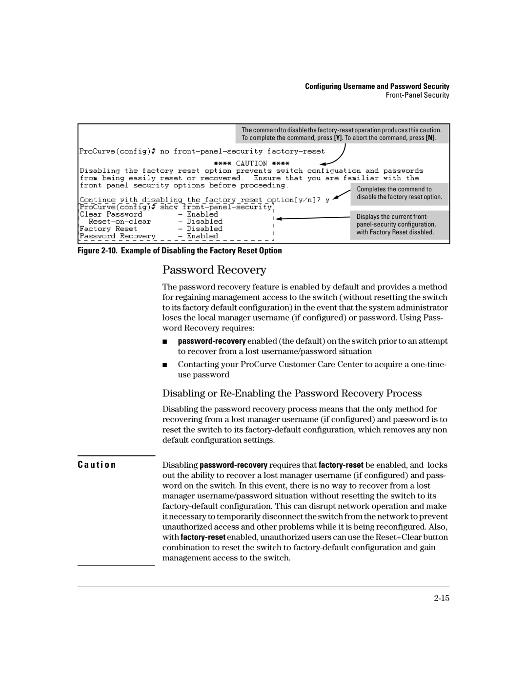 HP 4100gl, 2650 (J4899A/B) Disabling or Re-Enabling the Password Recovery Process, Default configuration settings 