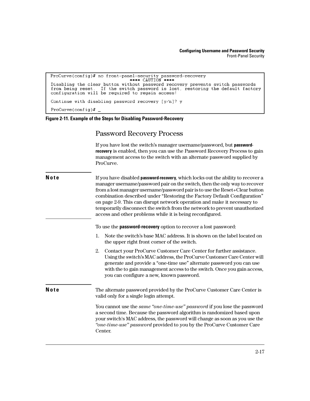 HP 2650 (J4899A/B), 4100gl, 2626 (J4900A/B) Password Recovery Process, Example of the Steps for Disabling Password-Recovery 