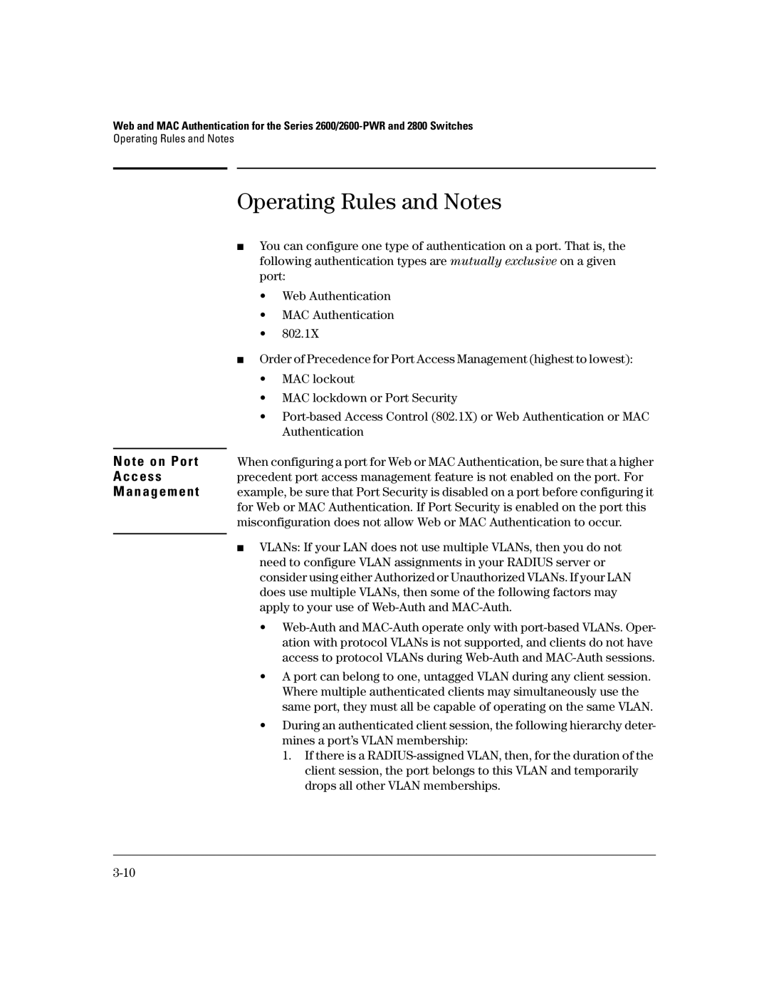 HP 4100gl, 2650 (J4899A/B), 2626 (J4900A/B), 2600-PWR, 6108 manual Operating Rules and Notes, Management 