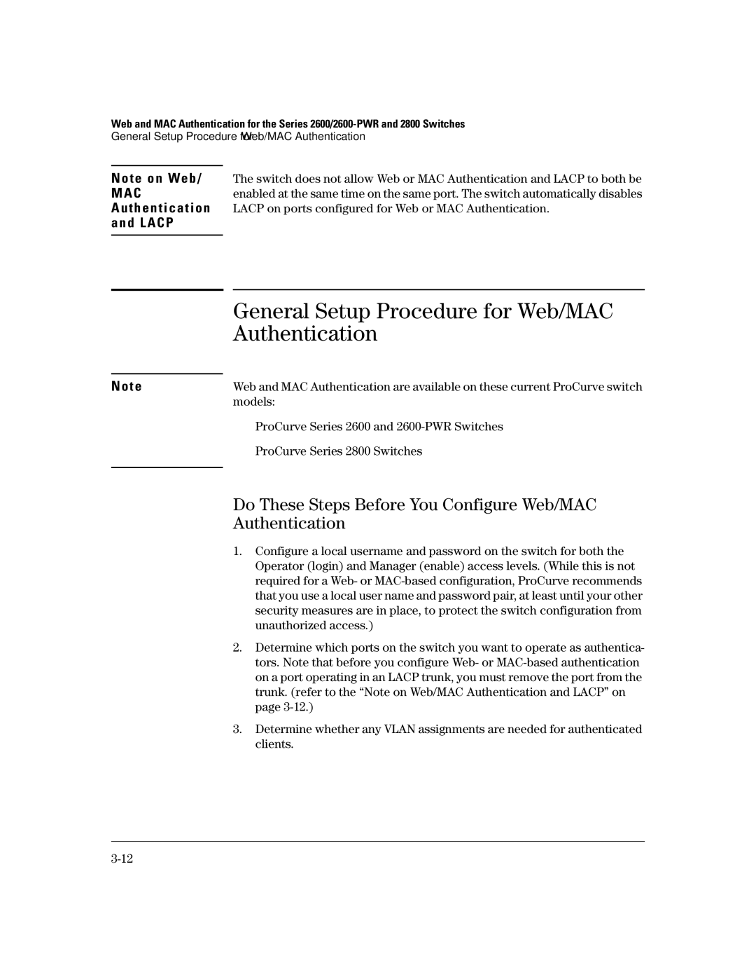 HP 2626 (J4900A/B), 4100gl, 2650 (J4899A/B), 2600-PWR, 6108 manual General Setup Procedure for Web/MAC Authentication 