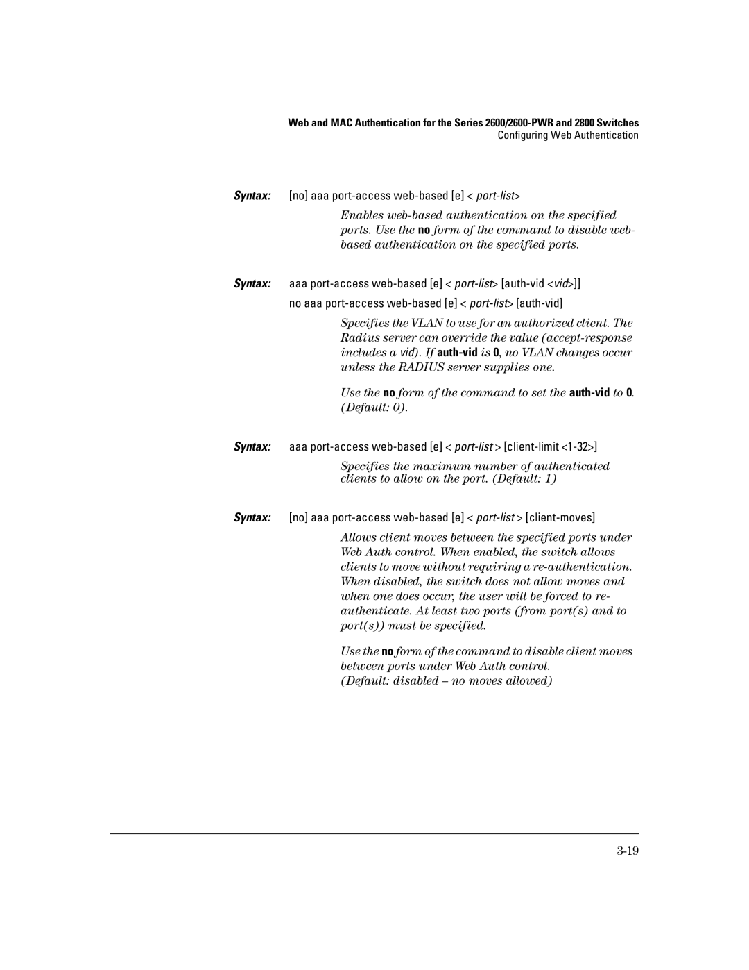 HP 2600-PWR, 4100gl, 2650 (J4899A/B), 2626 (J4900A/B), 6108 manual Syntax no aaa port-access web-based e port-list 