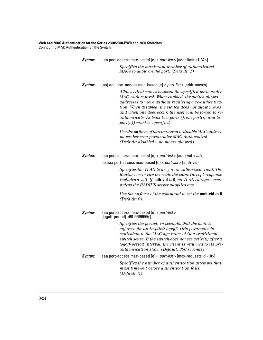 HP 2626 (J4900A/B), 4100gl, 2650 (J4899A/B), 2600-PWR, 6108 manual Syntax 